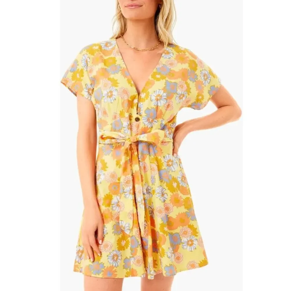 Marine Layer Camila Dress V-Neck A-Line Mini Yellow Vintage Floral Print NWT M
